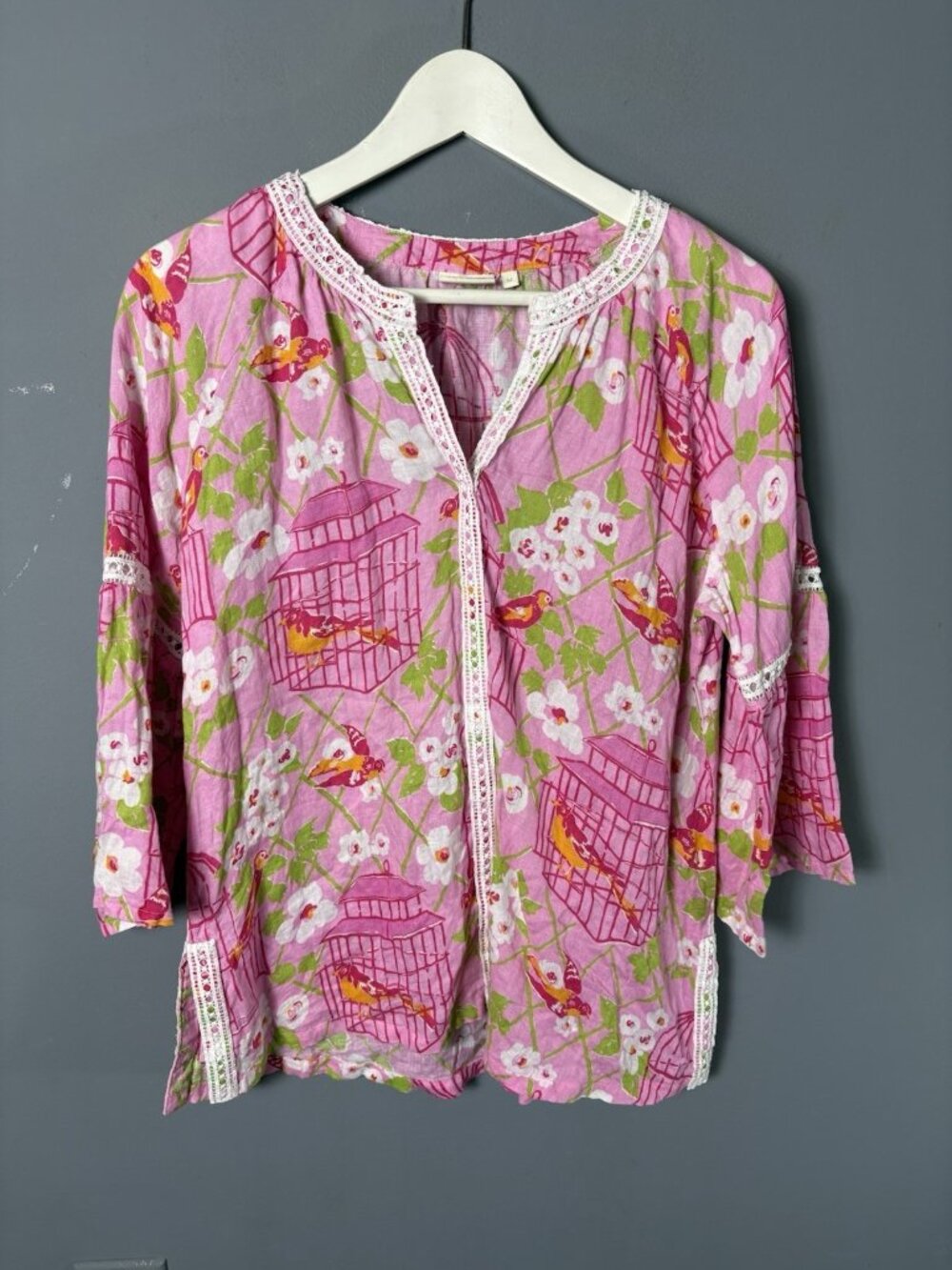SPARTINA 449 Womens M Pink Wren Birdcage Bird Print Linen Tunic Blouse Top